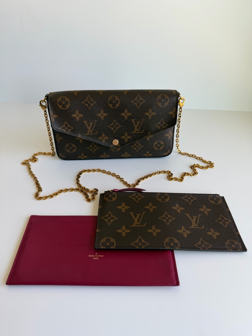 Authentic Louis Vuitton Felicie Pochette Monogram & Fuchsia Crossbody & Inserts